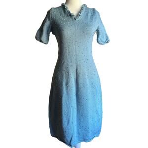 1960s VINTAGE | Unique Blue Beaded V Neck Sweater Dress | Approx size Small Med